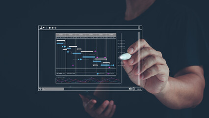 Businessman schedule plan management shows a timeline Gantt chart in technology online. concept...