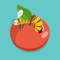 3D Isometric Flat Vector Illustration of Cute Cartoon Caterpillar, Bitten Apple
