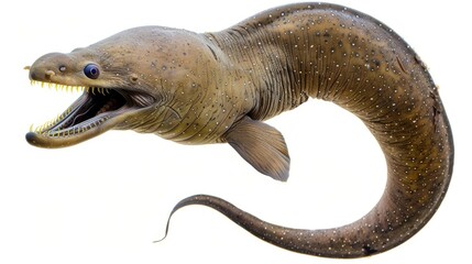 Majestic moray eel elegantly swims through the ocean depths, displaying its razor-sharp teeth as it moves