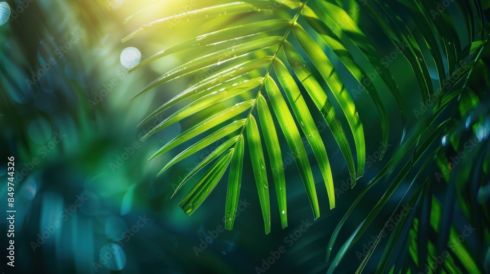 Wall mural tropical palm leaf and shadow, abstract natural green. light and shadow on palm leaf, dark blue natu