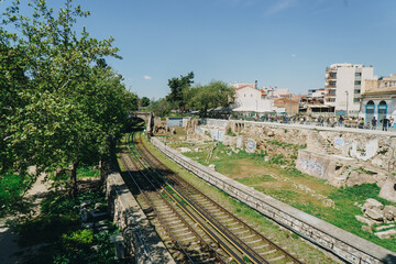 Train tracks near Royal Stoa in Athens, Greece. 