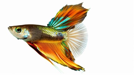 Vibrant betta fish displays its colorful fins as it swims against a white backdrop