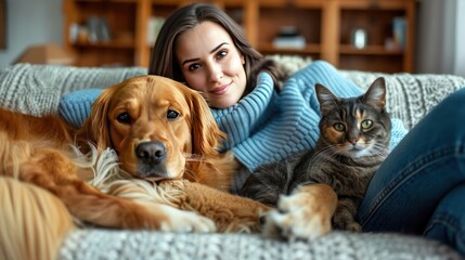 Woman Relaxing with Pets on a Couch