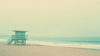 Fototapeta premium Beach with famous vintage wooden lifeguard hut in Santa Monica, California