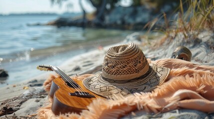 Ukulele, Hat, and Blanket on a Sandy Beach