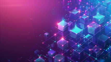 Featuring a digital blockchain network with sparkling nodes and a neon color palette, evoking themes of cryptocurrencies and advanced computing