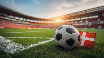 Soccer ball on the field of the stadium with the Danish flag. Concept of UEFA European Football Championship. Football concept
