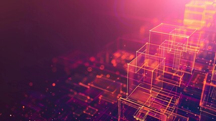 The image displays a complex array of glowing digital structures, suggesting themes of data analysis, network architecture, and information systems