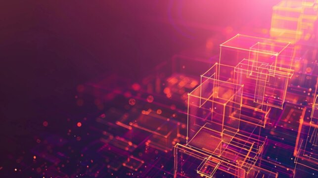 The image displays a complex array of glowing digital structures, suggesting themes of data analysis, network architecture, and information systems