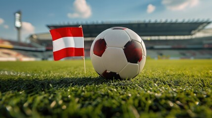 Soccer ball on the field of the stadium with the Austrian flag. Concept of UEFA European Football Championship. Football concept
