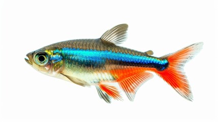 Vibrant blue and red neon tetra fish swimming against a white background