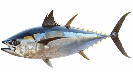 Obraz premium Yellowfin tuna swims gracefully in clear blue waters, showing off its impressive dorsal fin. The isolated white background highlights its beauty as a healthy protein source