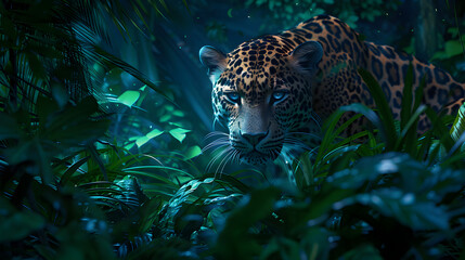 Leopard Stalking Through Night Jungle