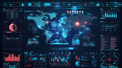 Futuristic Digital Interface with World Map and Data