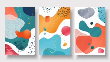 Fototapeta premium Three vertical abstract art pieces with vibrant, playful shapes and textures