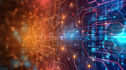 Fototapeta premium A vibrant image depicting a detailed circuit board with glowing lines and nodes, emanating warmth and energy
