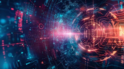 Fototapeta premium An image depicting a complex array of digital circuit designs with dynamic light effects, symbolizing high-tech and innovation