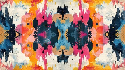 Fototapeta premium Abstract Multicolored Design with Ikat Watercolor and Geometric Elements