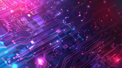 Obraz premium Close-up image showcasing a detailed circuit board design with popping purple neon accents and digital elements