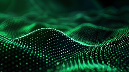 Abstract image displaying a wave of green particles creating a dynamic flow Represents data, connection, and technology