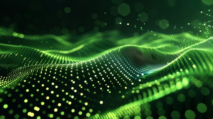 Dynamic image with a green-hued network of points and particles suggesting digital connectivity and data flow