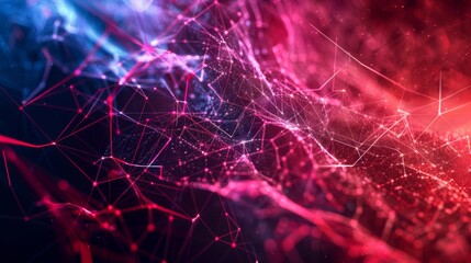 This image displays a bright array of interconnected lines and nodes representing a network in red and blue hues