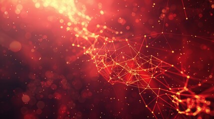 The illustration showcases a dense network of red connections on a dark background symbolizing digital communication