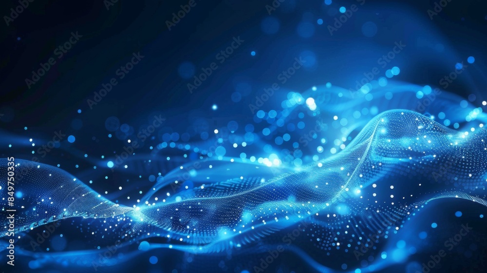 Wall mural this image depicts a gentle blue wave made of glowing dots and lines, symbolizing technology and com