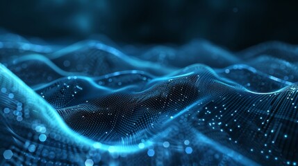An abstract image with a dark blue backdrop, featuring a digital wave made up of glowing particles
