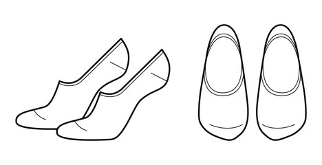 Foot, No-show socks length set. Fashion hosiery accessory clothing technical illustration stocking. Vector front, side view for Men, women, unisex style, flat template mockup sketch outline isolated 