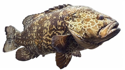 Naklejka premium Large brown and tan marbled grouper fish is swimming underwater on a white background