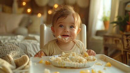 a cute baby happily eating rice milk.generative ai