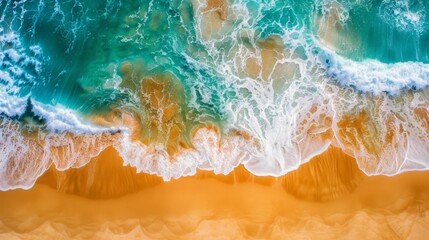 A top-down aerial shot capturing the dynamic interaction of sea waves with a sandy beach
