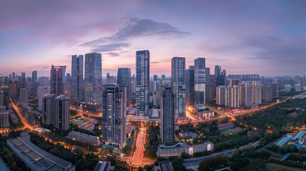 Dawn breaking over a modern cityscape with illuminated streets and high-rise buildings