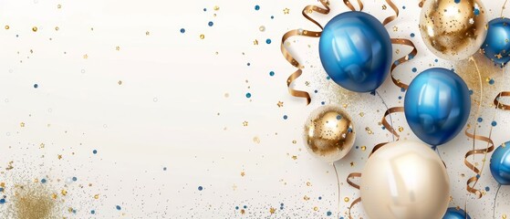 Holiday background with golden and blue metallic balloons, confetti and ribbons. Festive card for birthday party, anniversary, new year, christmas or other events. Copy space area