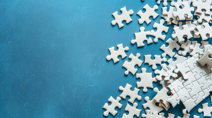Fragment of a folded white puzzle and a pile of unkempt puzzle pieces on a blue surface background with copy space.