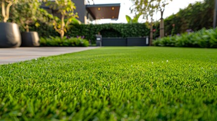 Vibrant green synthetic grass close-up emphasizing the texture and appearance of a manicured lawn