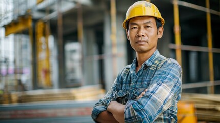 A serious construction worker with folded arms stands before a construction project