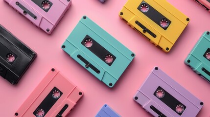 Fototapeta premium Retro cassette tapes on pink background