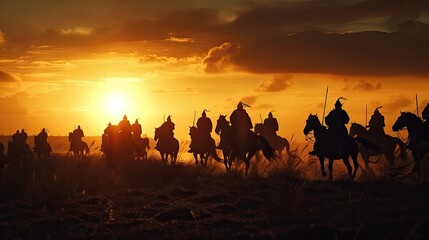 Silhouette of Cavalry on Ancient Chinese Battlefields: Majestic Scene of Warriors in Battle Formation, Digital Art Masterpiece