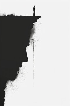 Lone silhouette on precipice. Stark contrast. Black and white illustration.