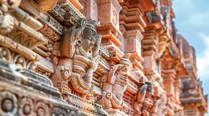 Fototapeta premium This image captures the elaborate carvings on the facade of an Indian temple with exceptional detail and craftsmanship