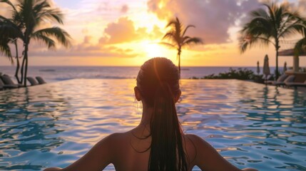 travel woman swimming in pool at luxury hotel spa with beautiful sunset view of ocean mediterranean travel holiday resort relaxing lifestyle freedom