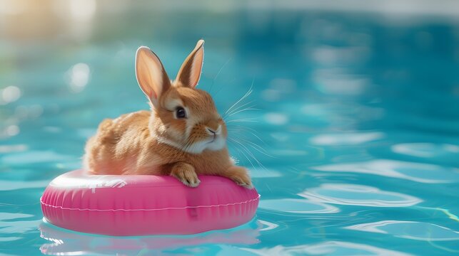 a rabbit is riding on an inflatable bright pink small mattress in a summer pool


