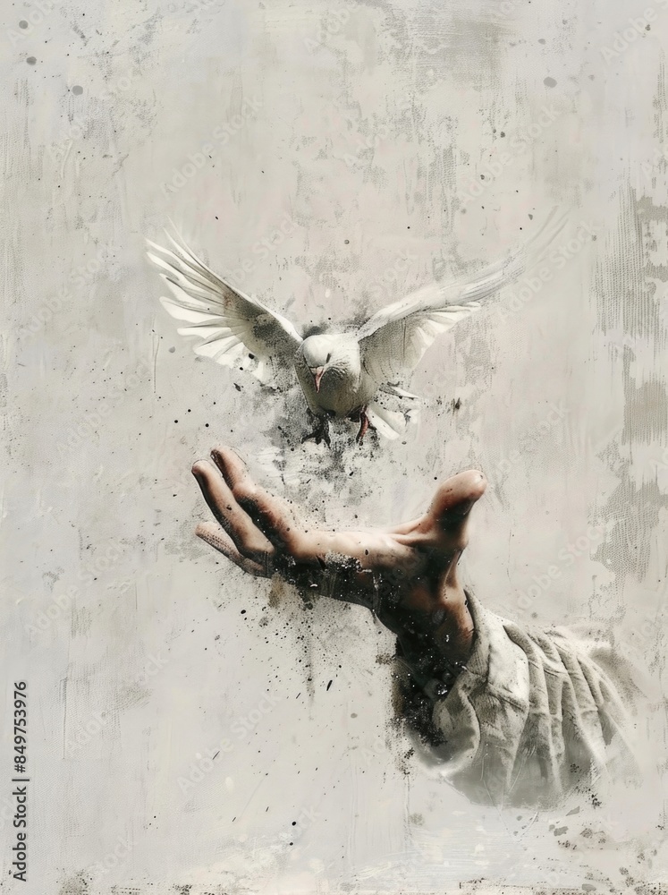 Poster holy spirit. white dove and hand on a white grunge background. digital painting.