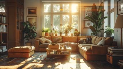 Family in their new home, unpacking boxes and placing furniture, creating a warm and inviting living room together.generative ai