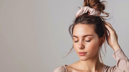 Obraz premium Woman with a smooth bun hairstyle. on gray background