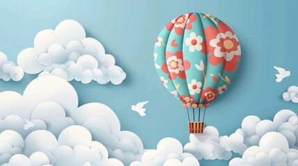 Naklejka premium A papercraft-style hot air balloon with a floral pattern, flying over clouds.