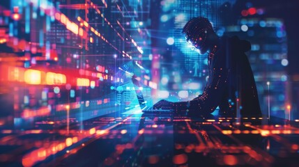 A digital composite of a hacker with a hood typing on a keyboard with futuristic code projections