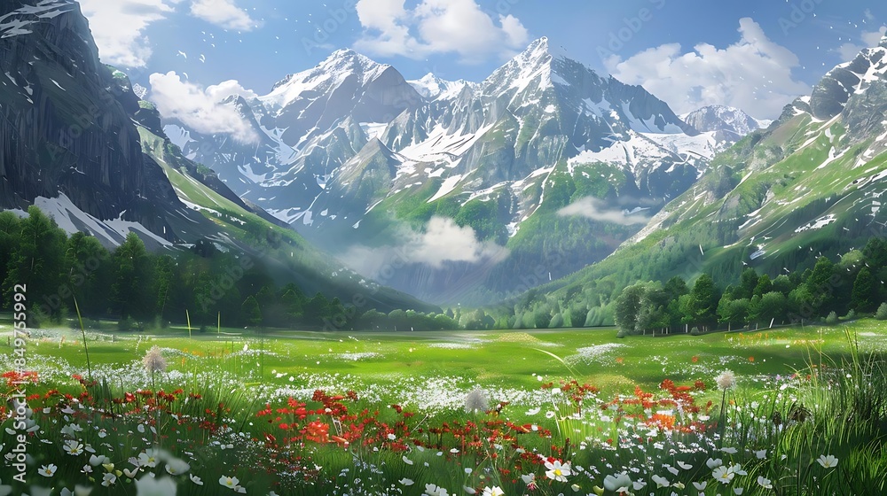 Wall mural mountain valley in spring with flowers and trees in the foreground